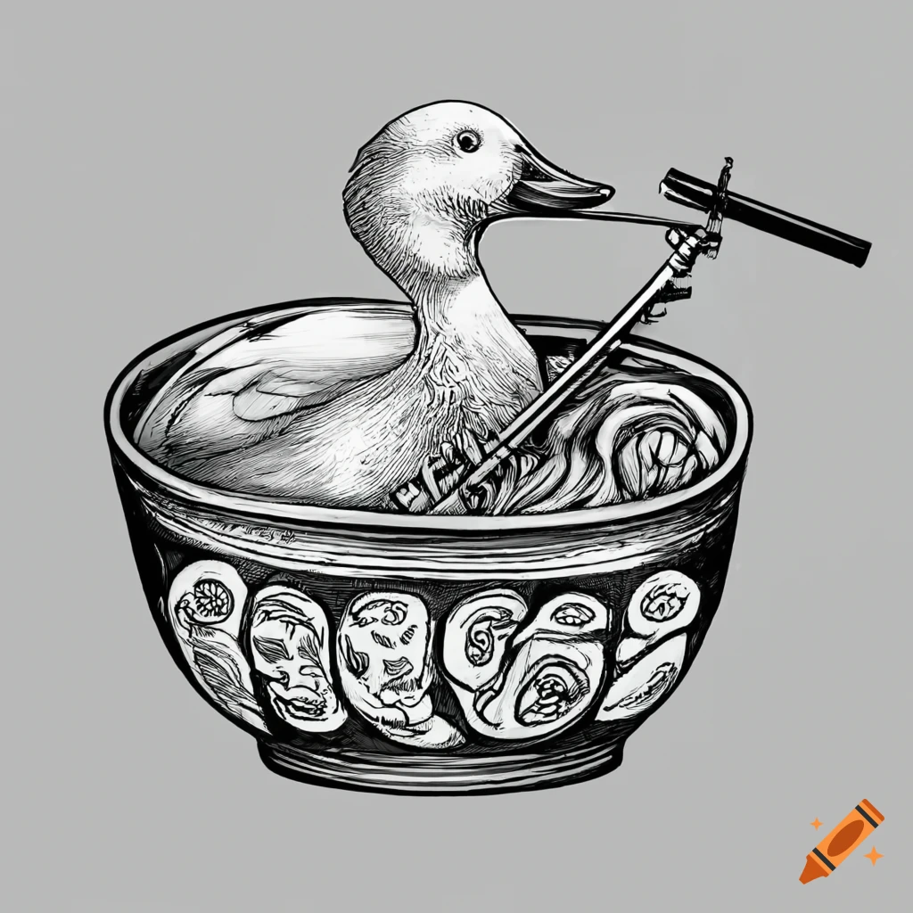 Duck in ramen bowl with flute and chopsticks, wearing a scarf