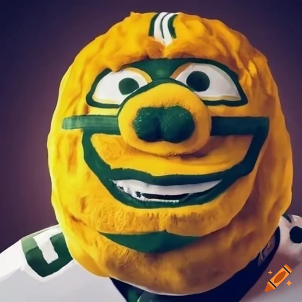 Humanlike green bay packers mascot with a cheese head on Craiyon