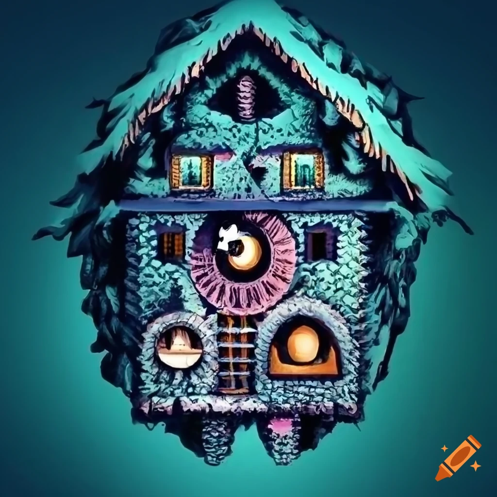 Vivacious Alpine Poster in 'cuckoo clock' style with graphic novel and wood carving elements
