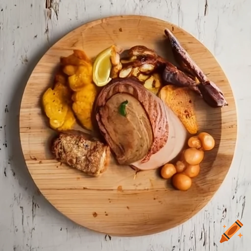 Top view of a wooden food plate filled with cooked food on a designer tabletop