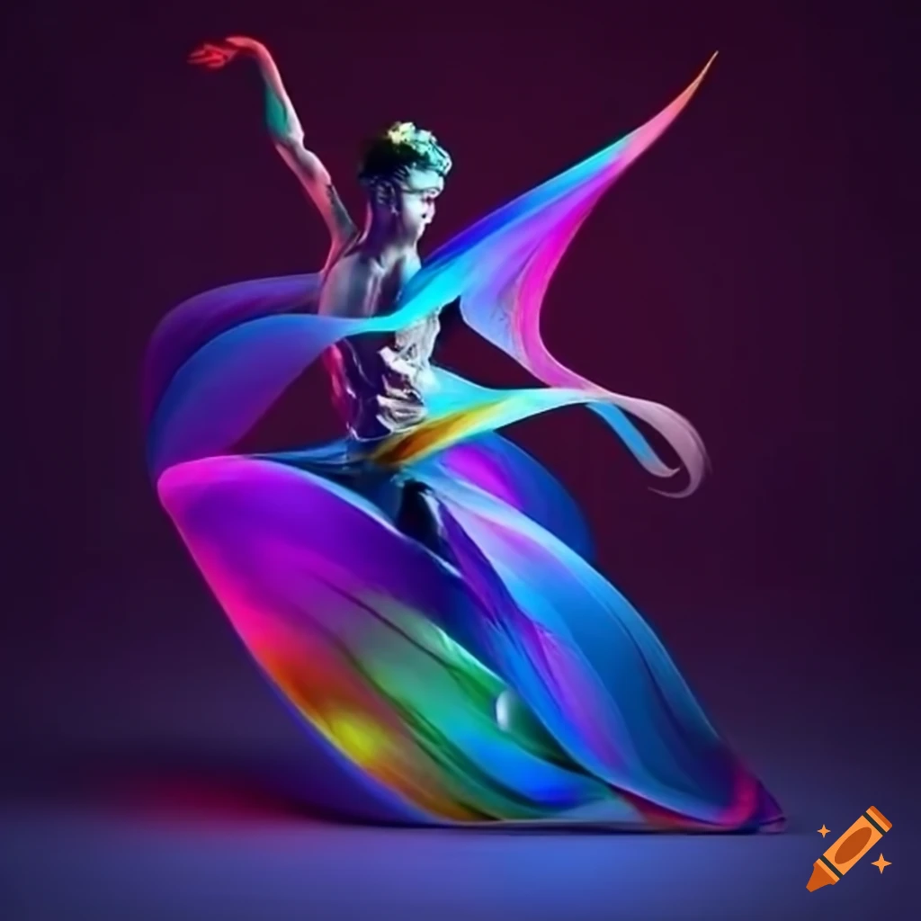 Prismatic male dancer with flowing light clothing and regal lionlike features