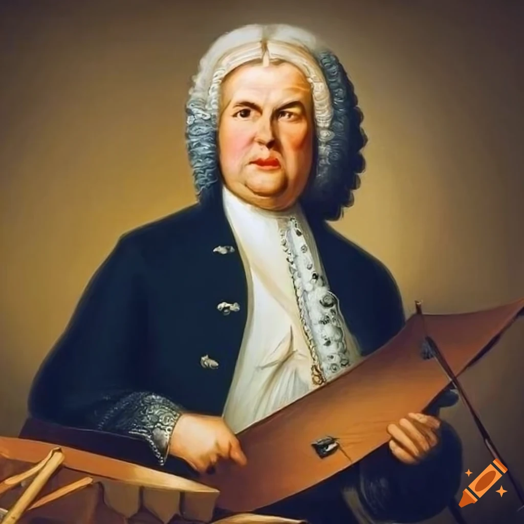 Portrait of j.s. bach playing the drum and various instruments on Craiyon