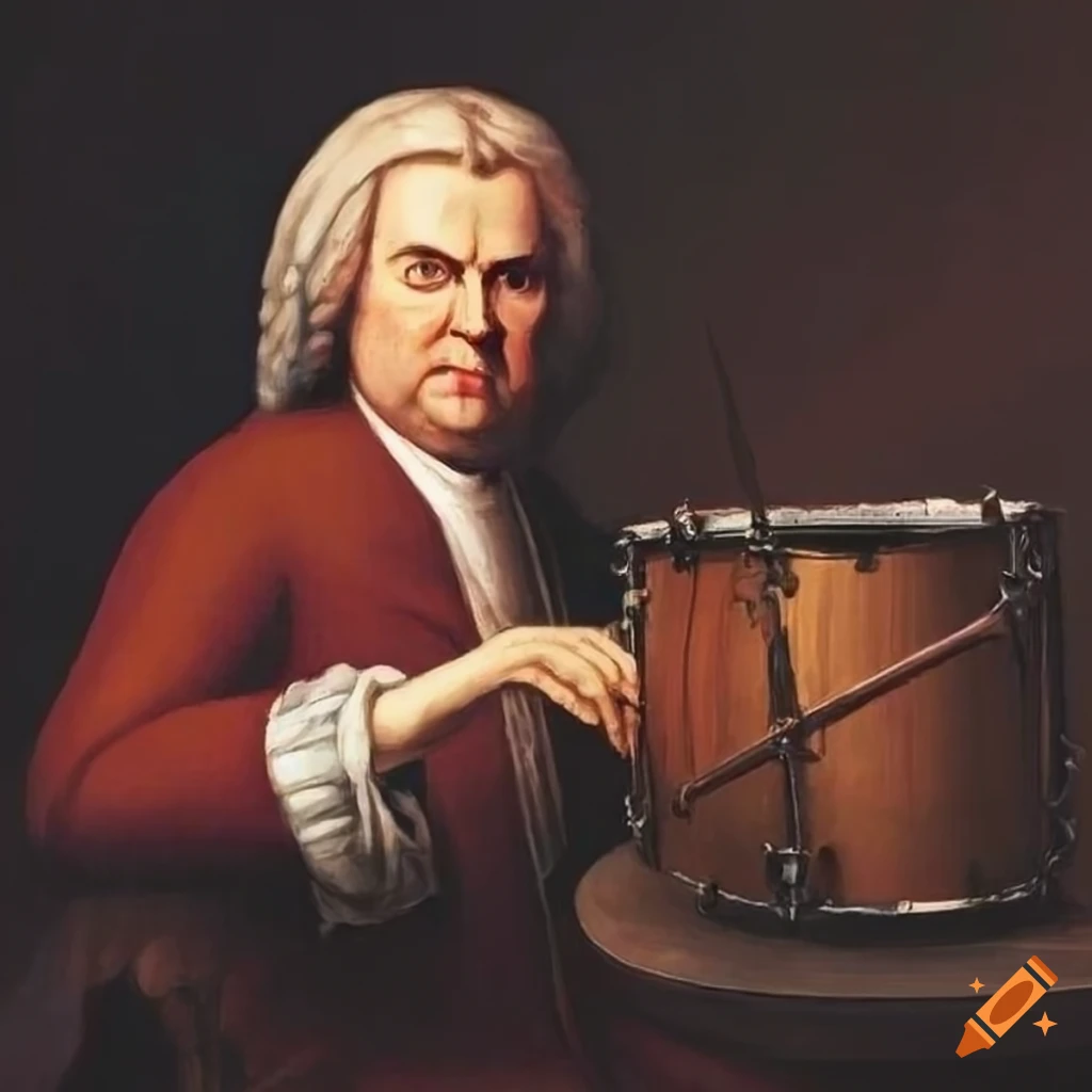 Portrait of j.s. bach playing the drum and various instruments on Craiyon