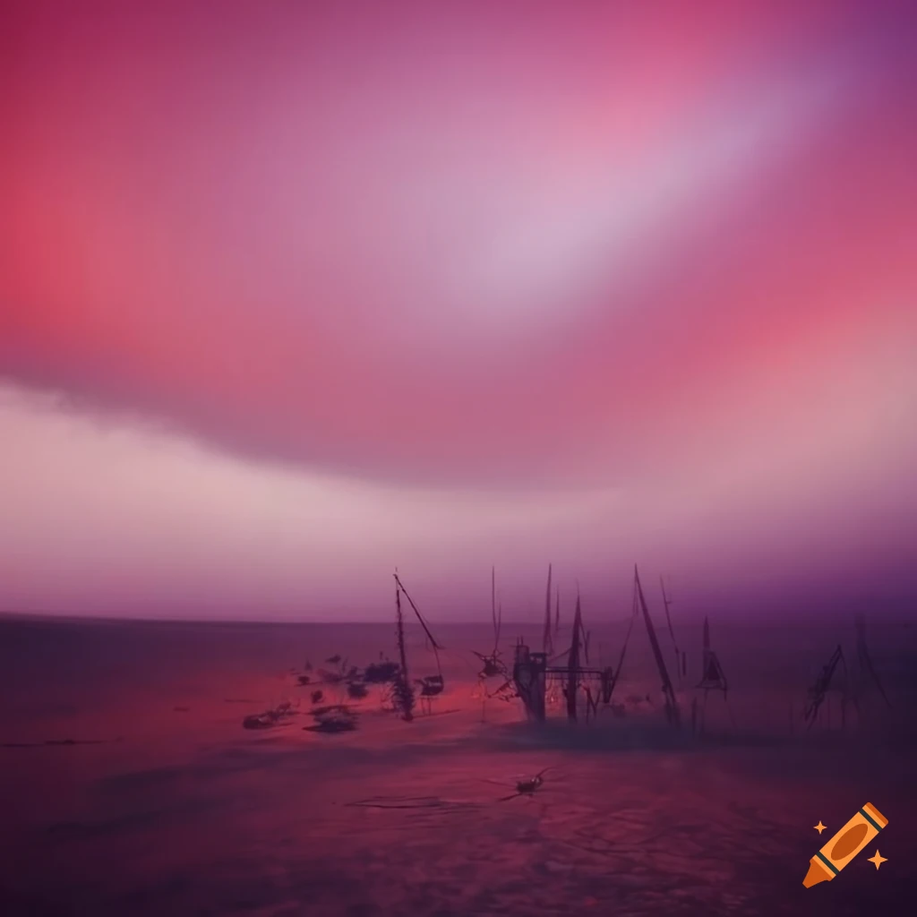 Postwar field with fantasy weapons under an odd colored sky