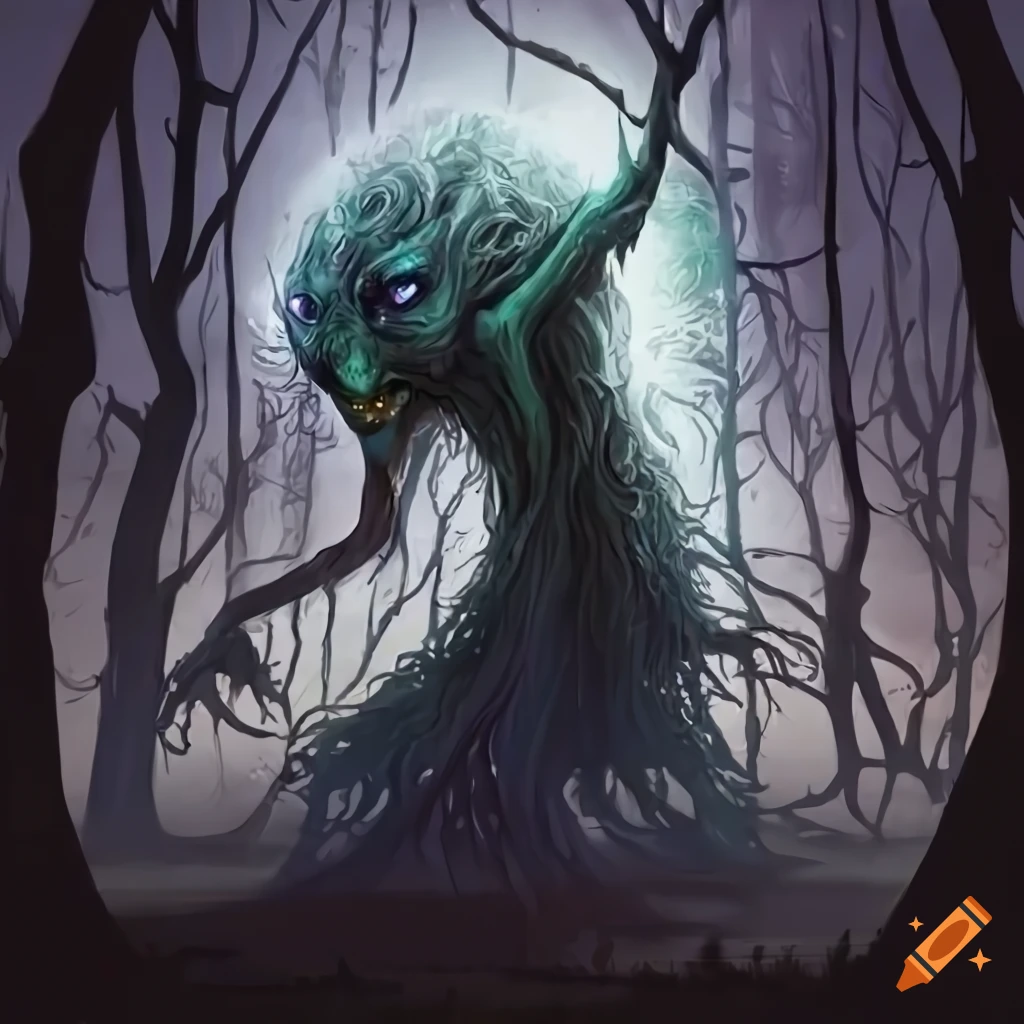 Tree-spirit fantasy design with sharp contrasts and white edges on Craiyon