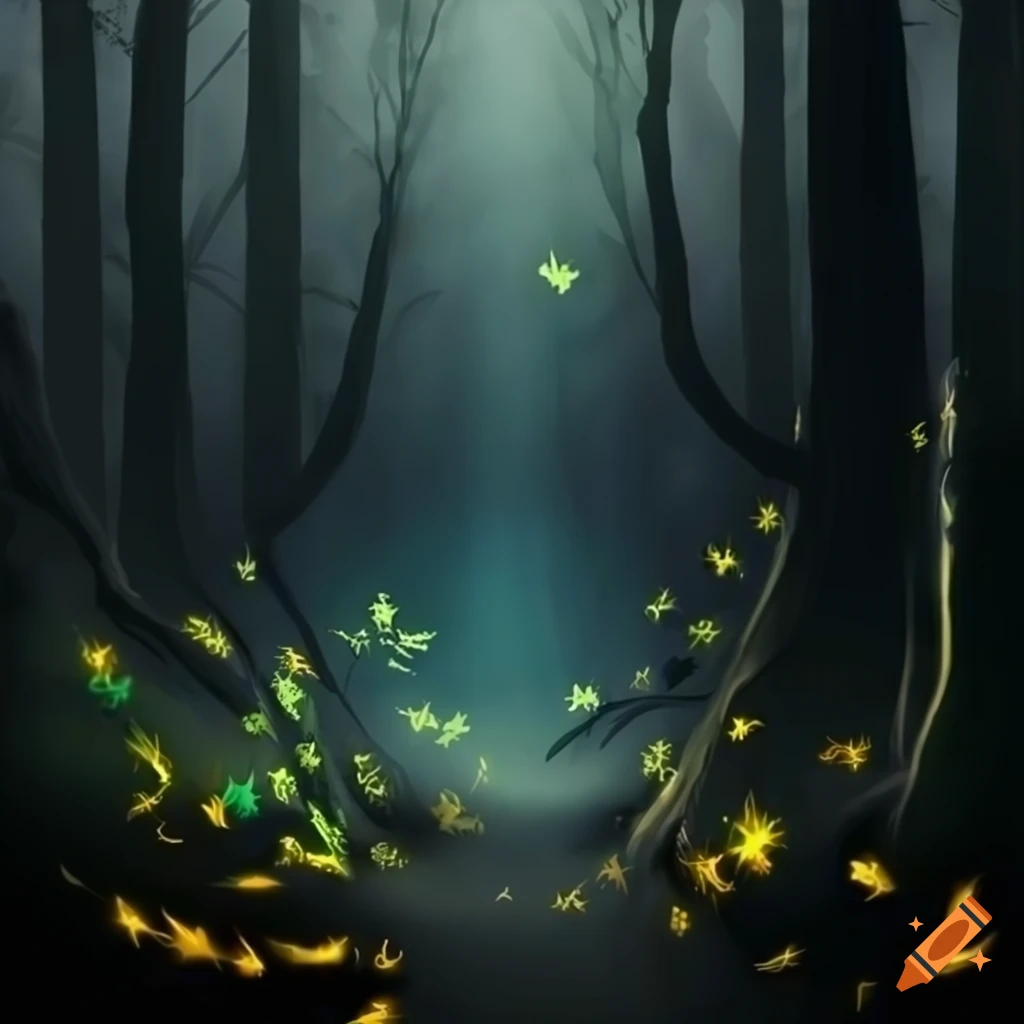 Path lit by fireflies in an enchanted forest with glowing silver and ...