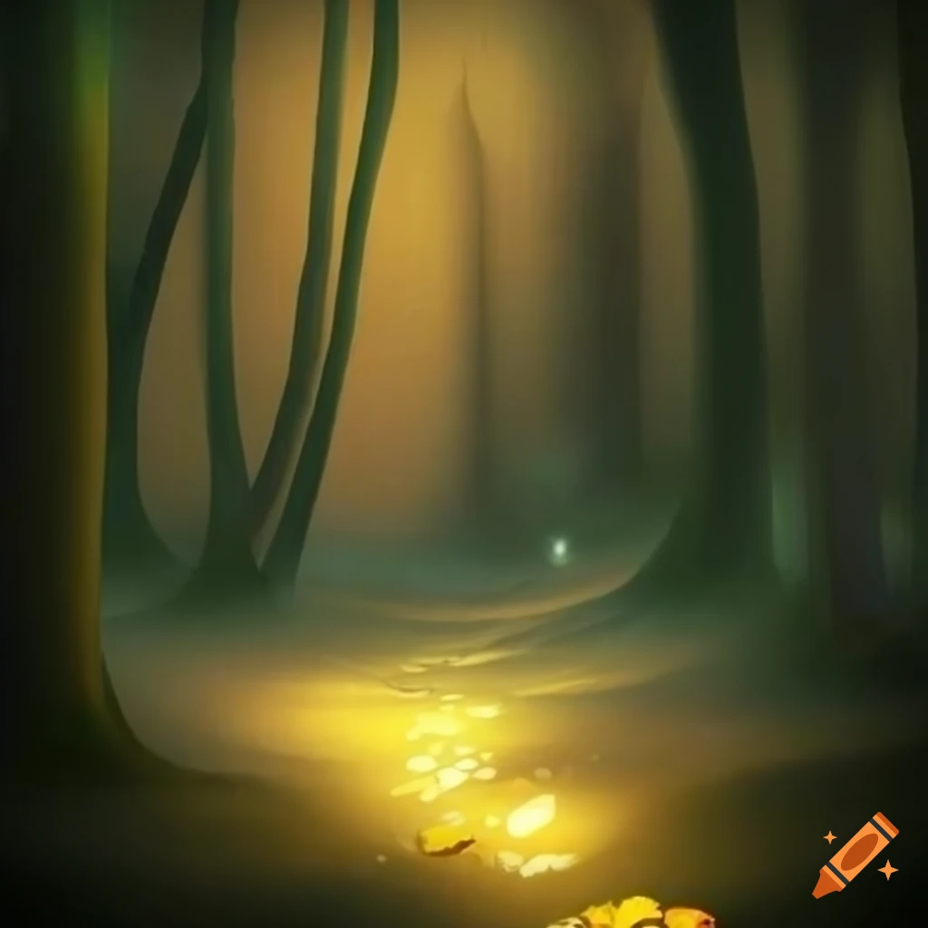 Enchanted forest path lit by fireflies leading towards a distant glow ...