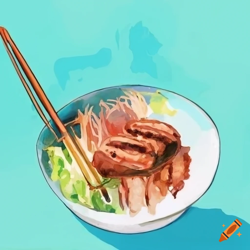 Grilled meat slice on rice vermicelli in a bowl, watercolor style