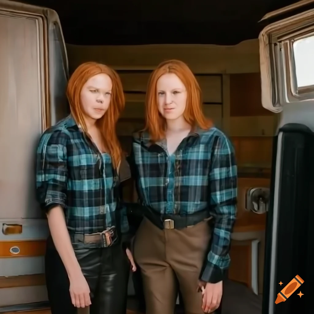 Two ginger female twins in country plaid shirts and high waist black leather trousers standing in doorway of an old caravan trailer
