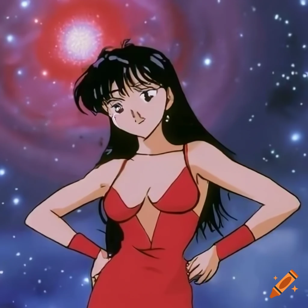 Woman in 90s anime style with dark hair and red glittery dress standing behind a supernova