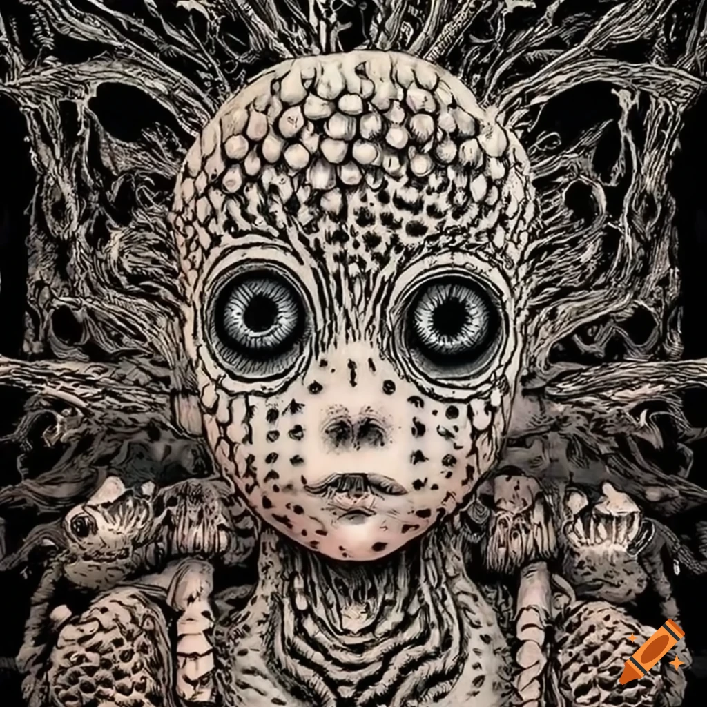 Intricate japanese folklore artwork of a distorted mushroom with