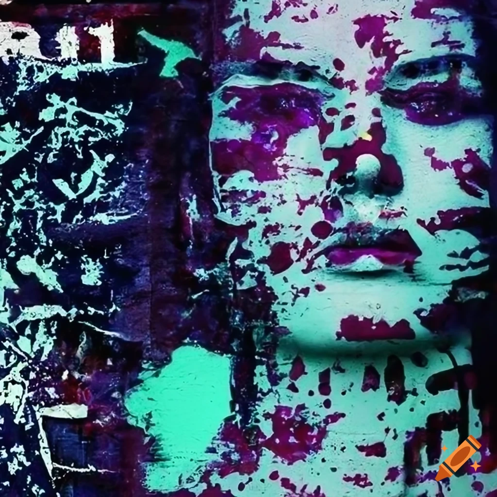 Closeup of graffiti and grunge wall with unique posters and vogue