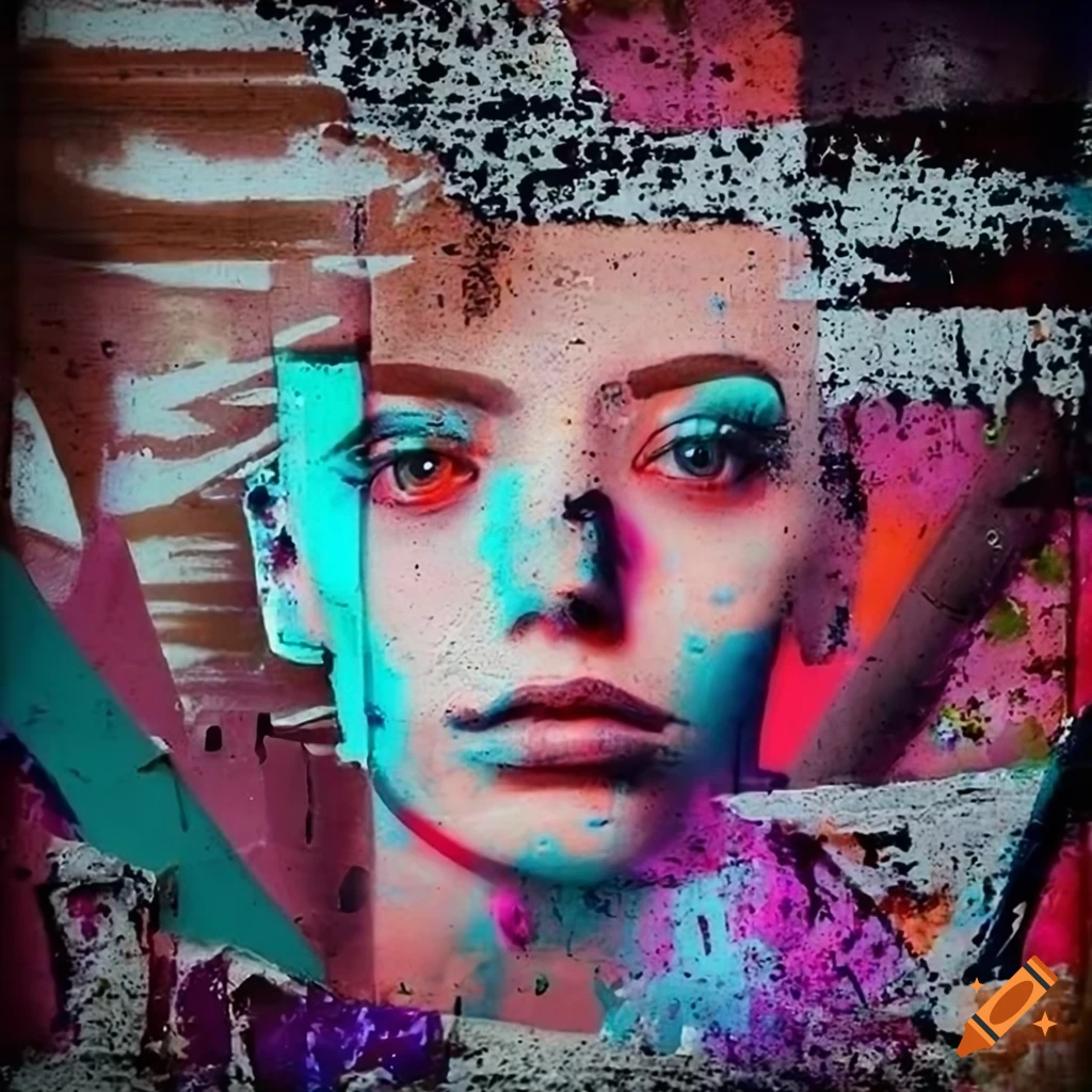 Graffiti and grunge wall with unique posters and vogue models on Craiyon