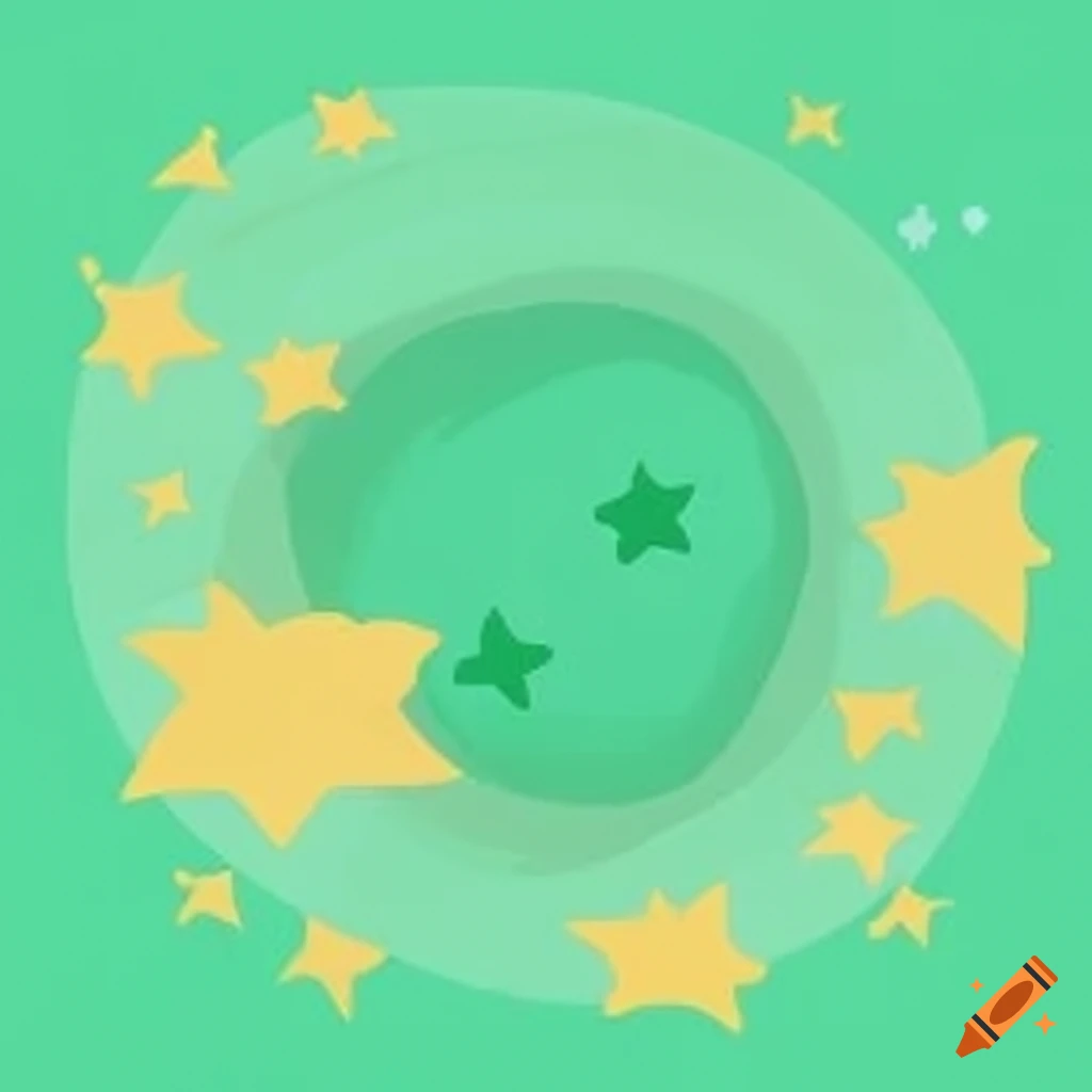 Cartoony pastel green background with yellow doodles like stars, paintbrushes, and prisms