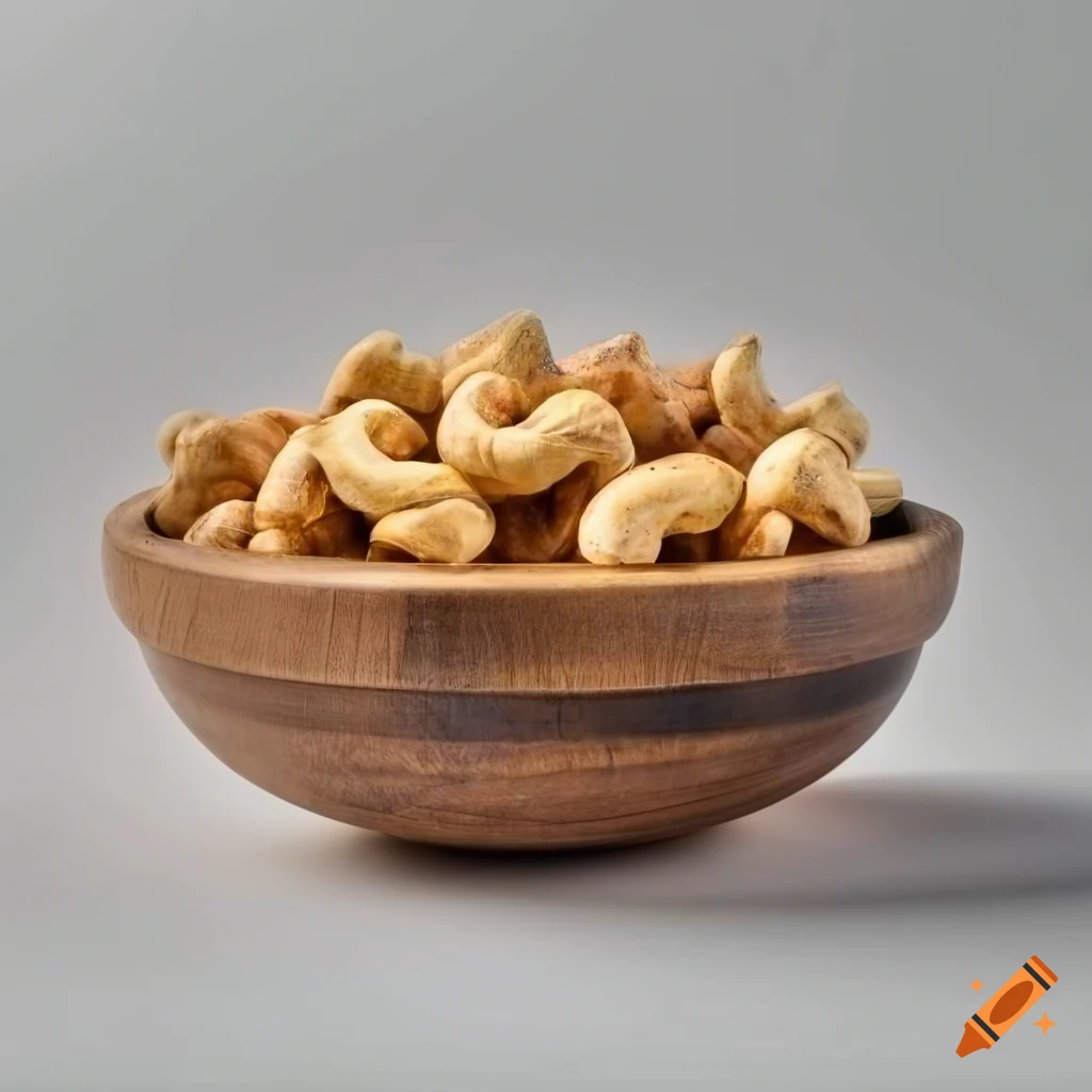 Front view of a rustic wooden bowl filled with peeled cashews
