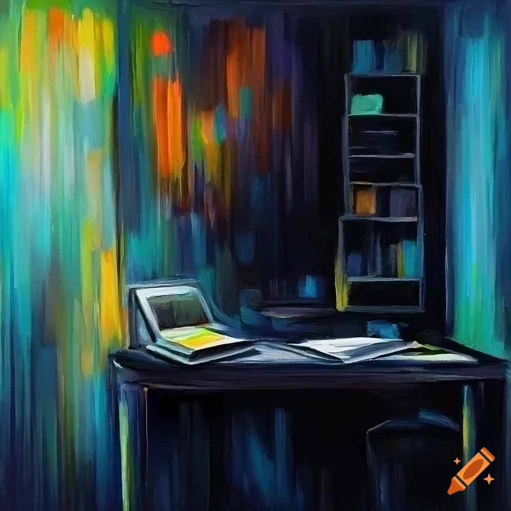 Colorful abstract office oil painting with sleek desks and atmospheric
