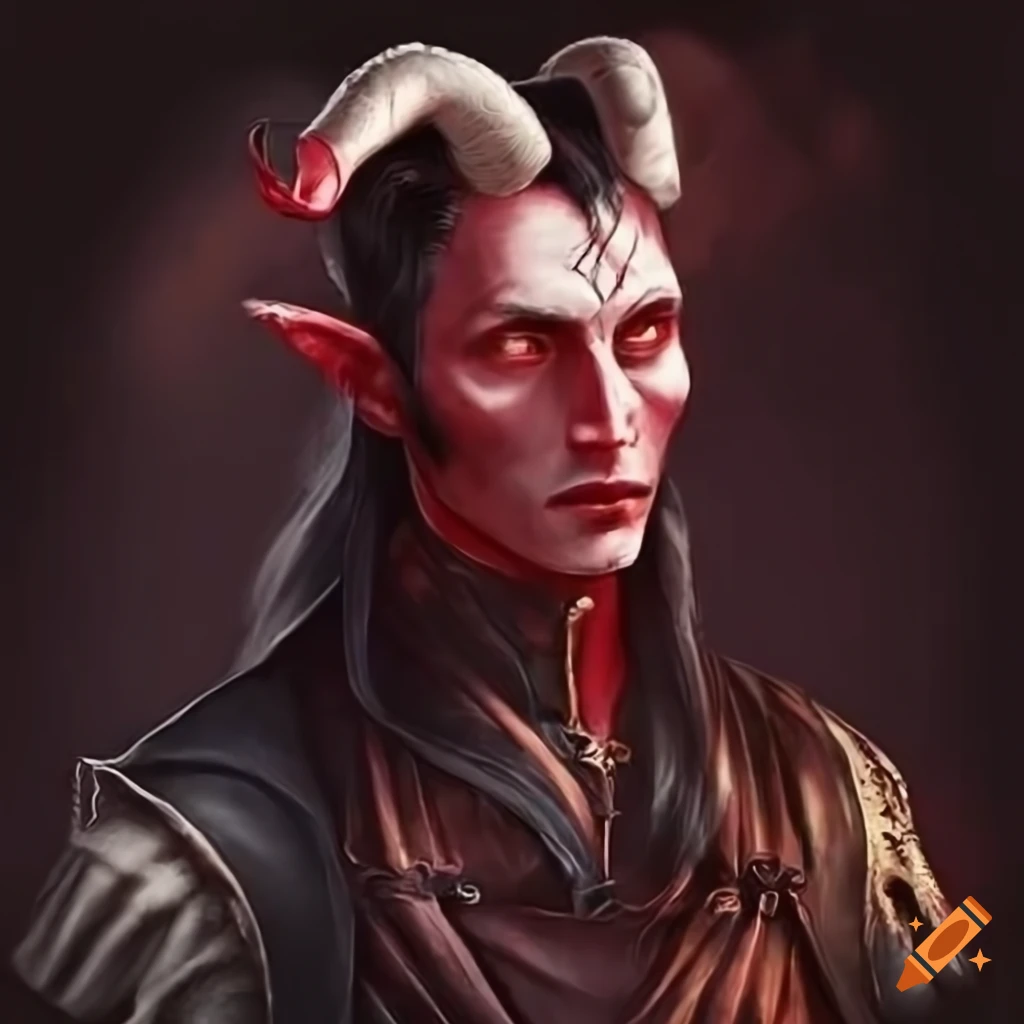 Male tiefling with red skin, black hair, and symmetrical horns in dark attire