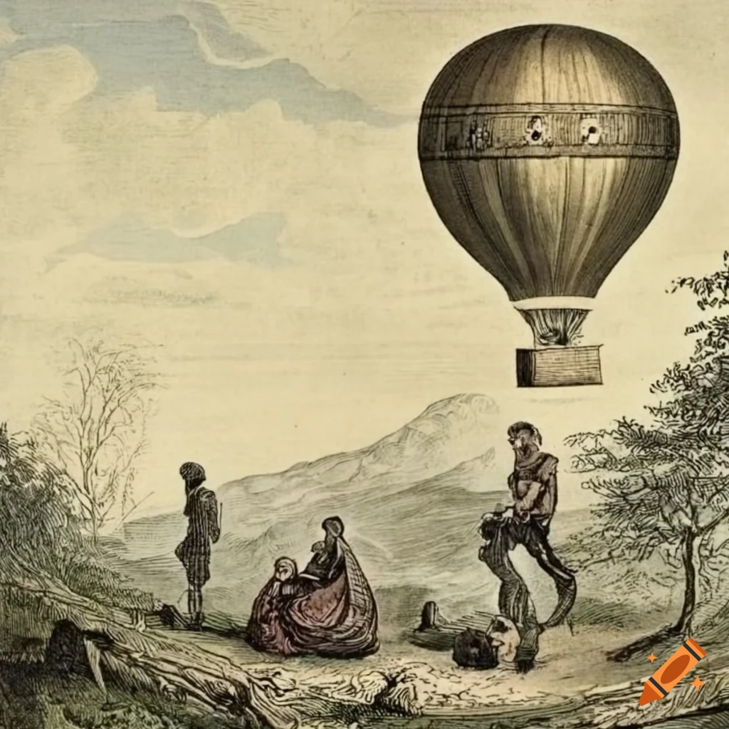Arrival of the escapees in a hot air balloon on the mysterious island of Jules Verne