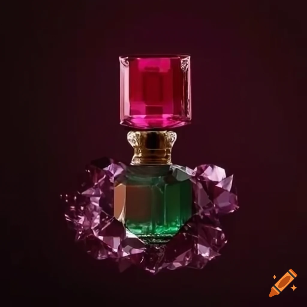 Expensive perfume made of shiny emeralds and red rubies