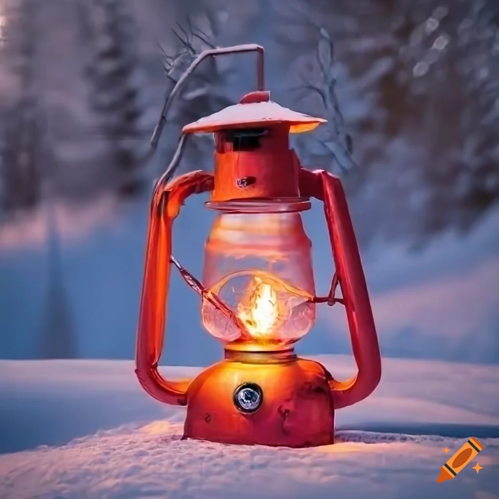 Red kerosene lantern in an evening snowscape