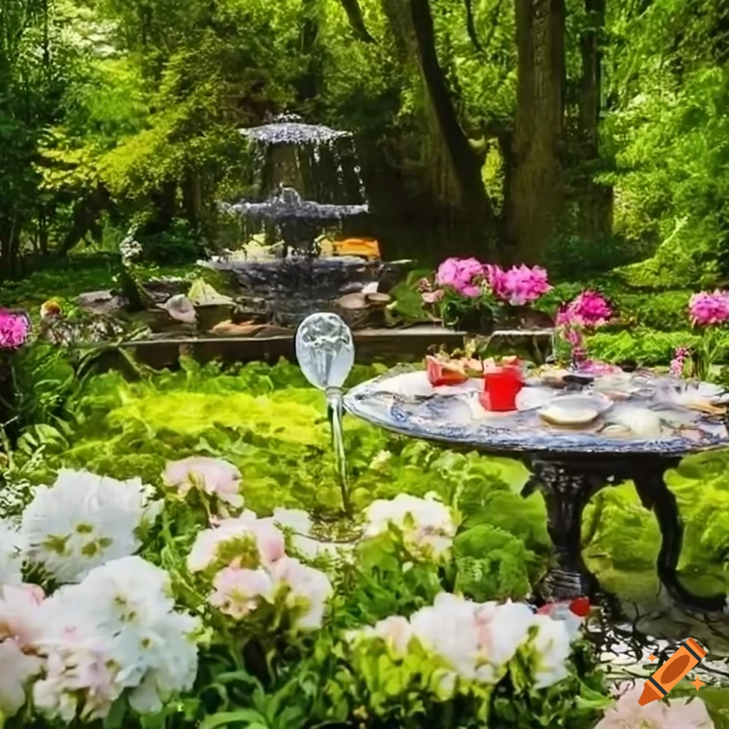 Private retreat in blooming flower beds with a tea party scene by a bubbling fountain