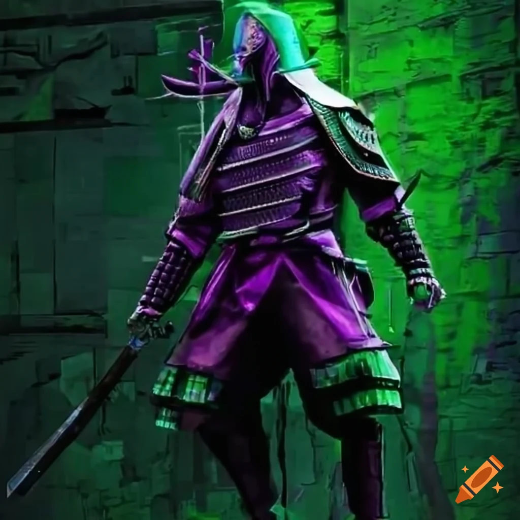 Sci-fi samurai ghostrunner with katana parkouring along a wall