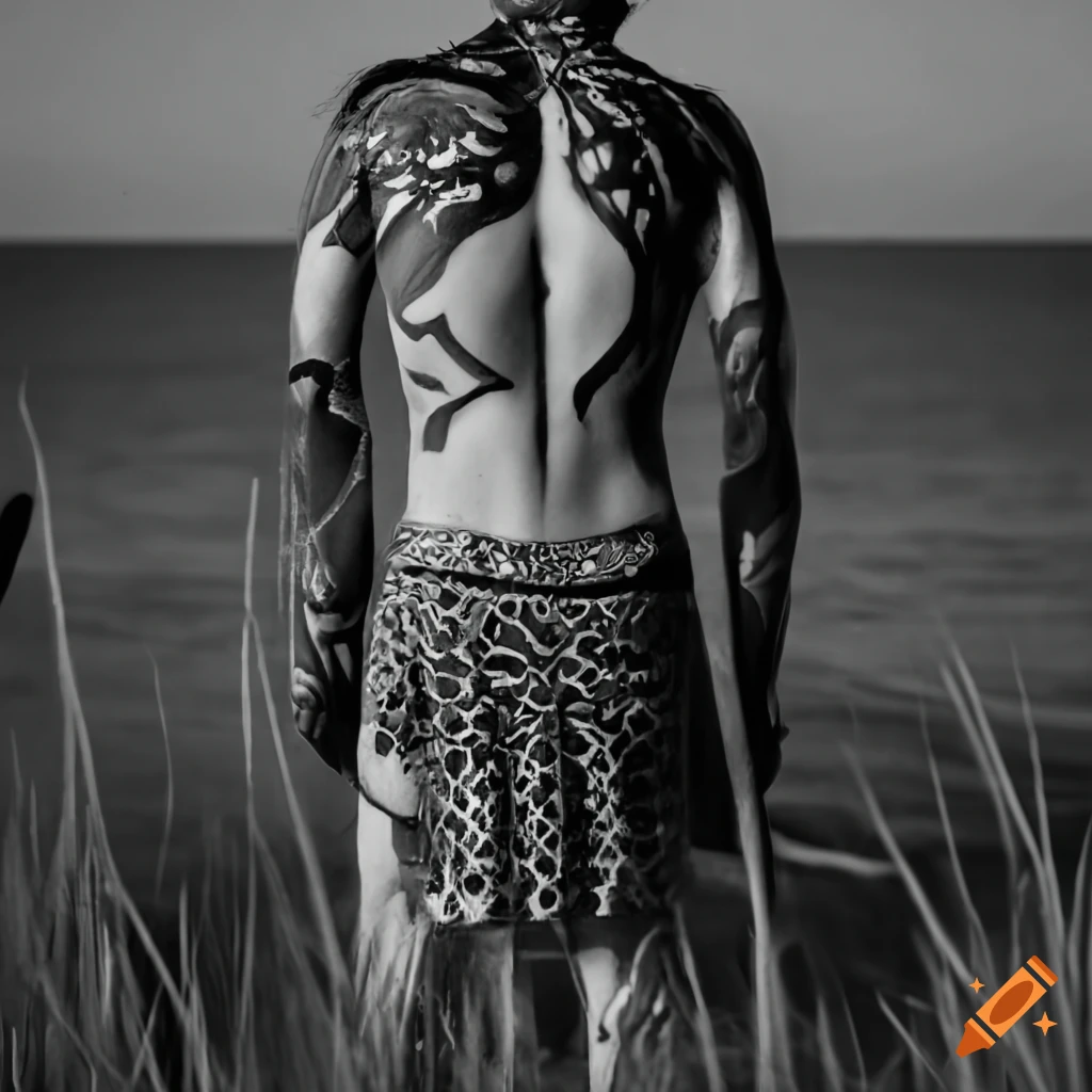 Selknam warrior in traditional outfit and body painting looking into the sea