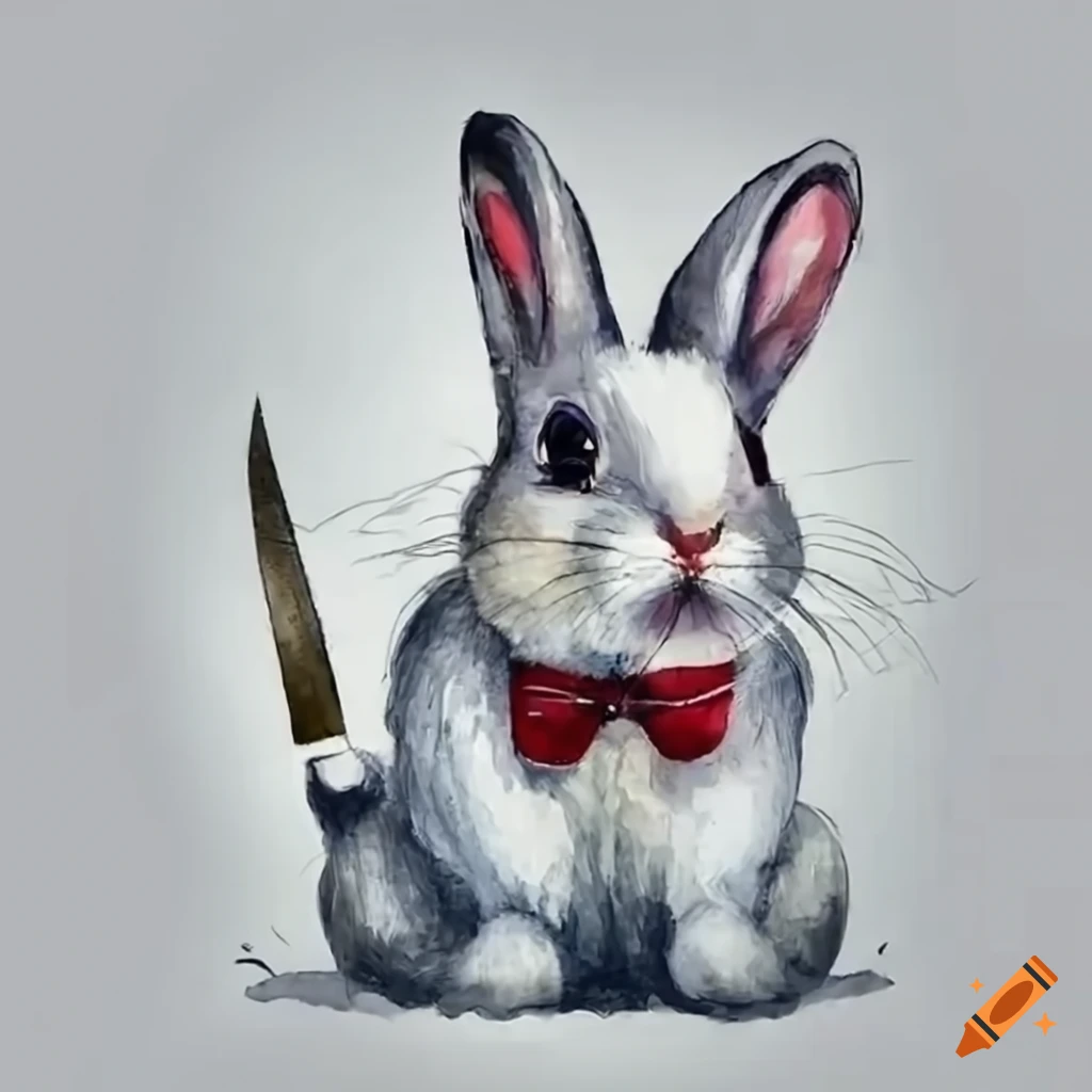 Adorable white bunny rabbit in a suit holding a knife on Craiyon