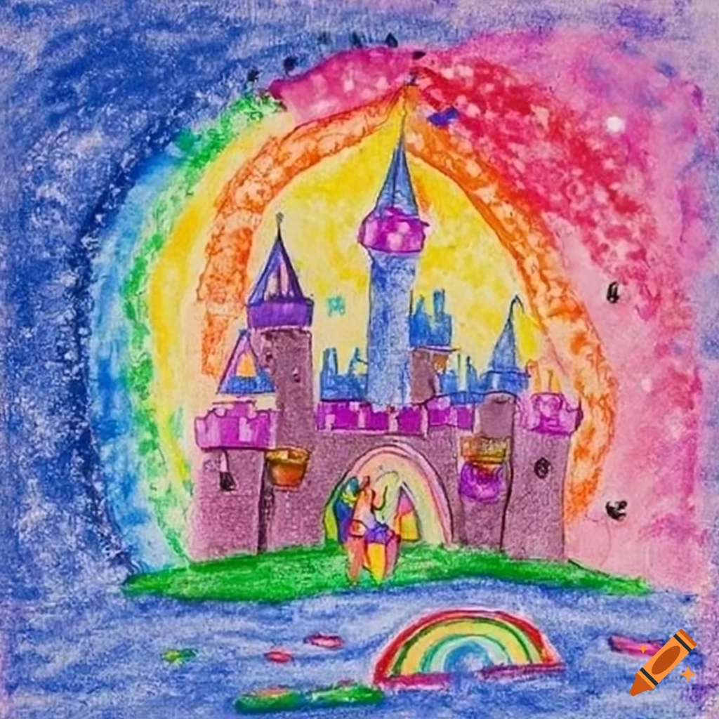 Child's crayon drawing of a rainbow castle with unicorn and candy world