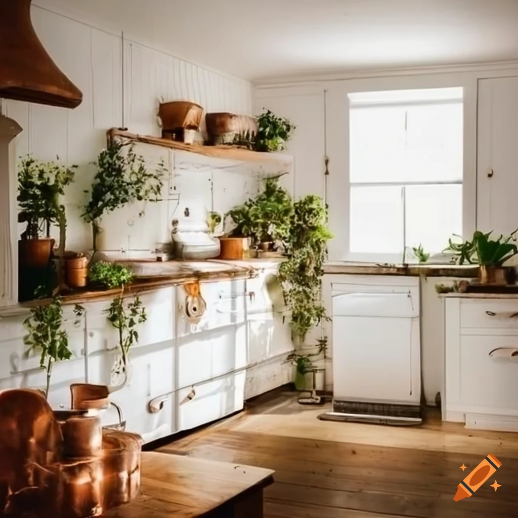 Old farmhouse kitchen with natural light, potted plants, and copper pans