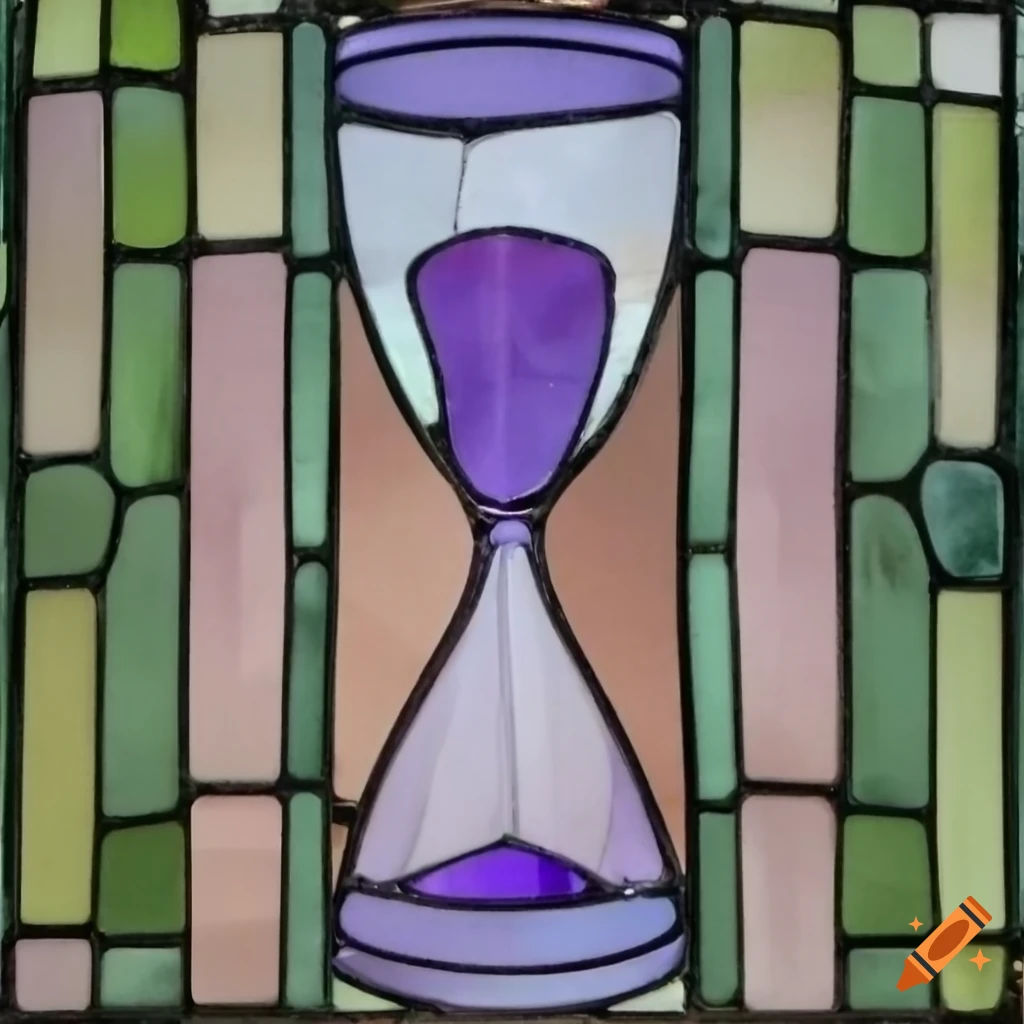 Pastel stained glass window with an elegant hourglass and rose bushes
