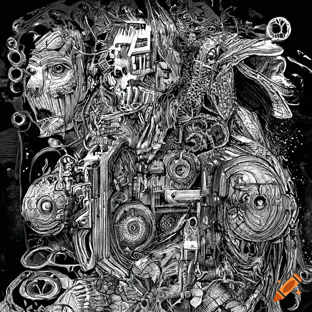 Black and white manga art environment with mechanical and surrealistic ...