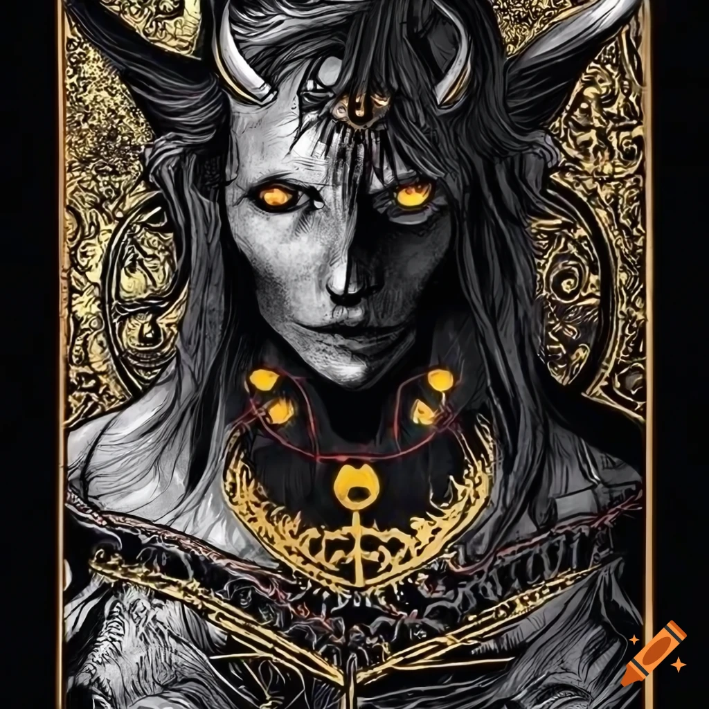 Devil tarot card with dark and mystic black background and gold line in