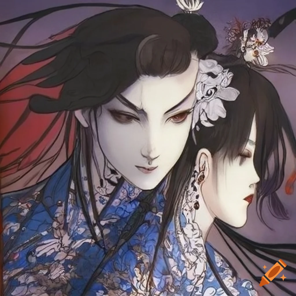 Two adult male twins in ornamental blue clothing in a garden