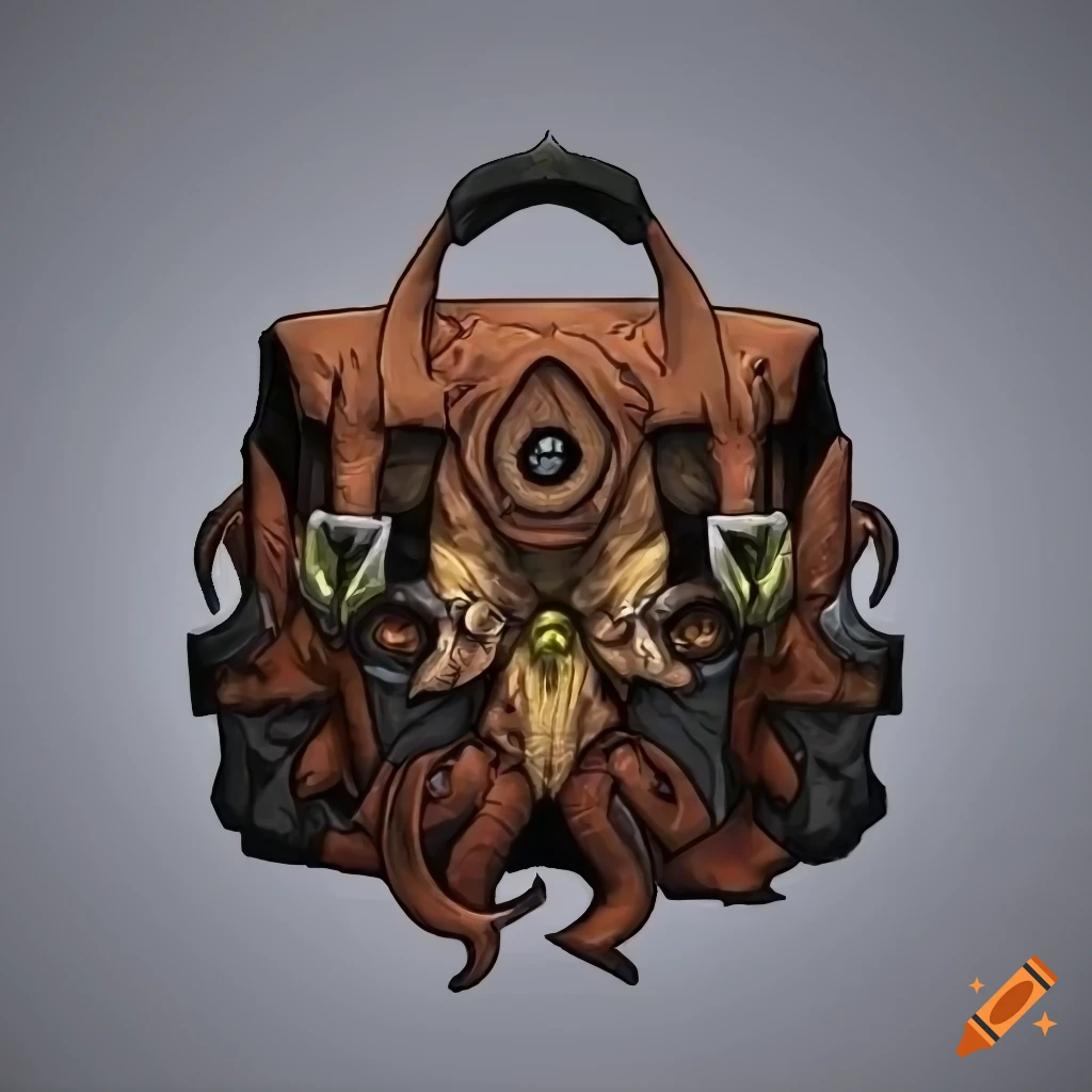 Intricately designed monster-themed satchel on a gray background