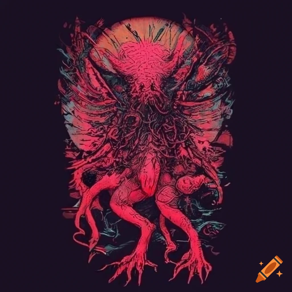 Black and red mythical creature design on metalcore band t-shirt