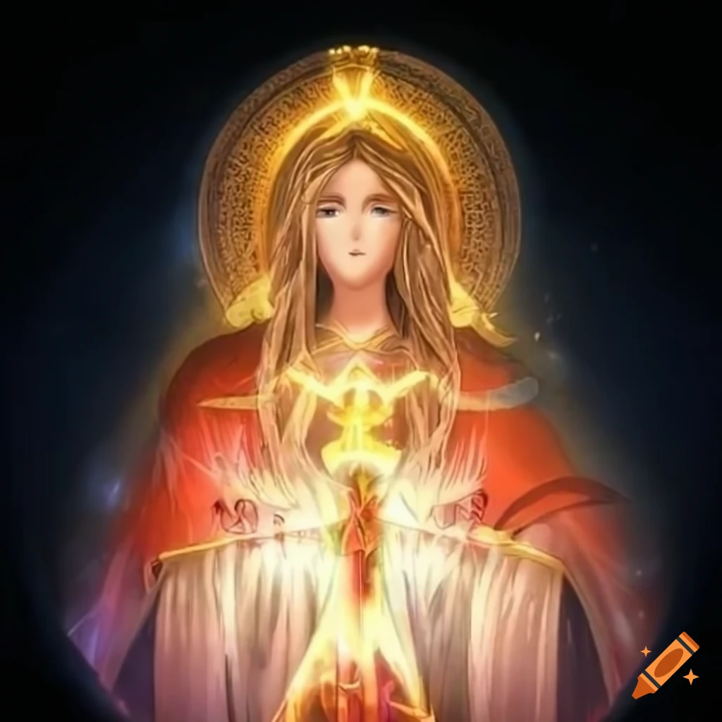 Holy Virgin Mary casting a spell in anime style