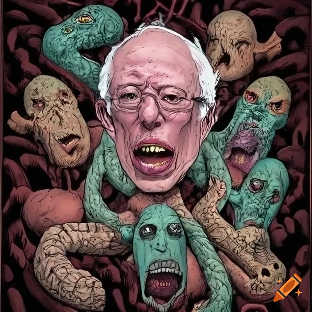 Surreal depiction of a surrounded Bernie Sanders in a vibrant wasteland with grotesque creatures