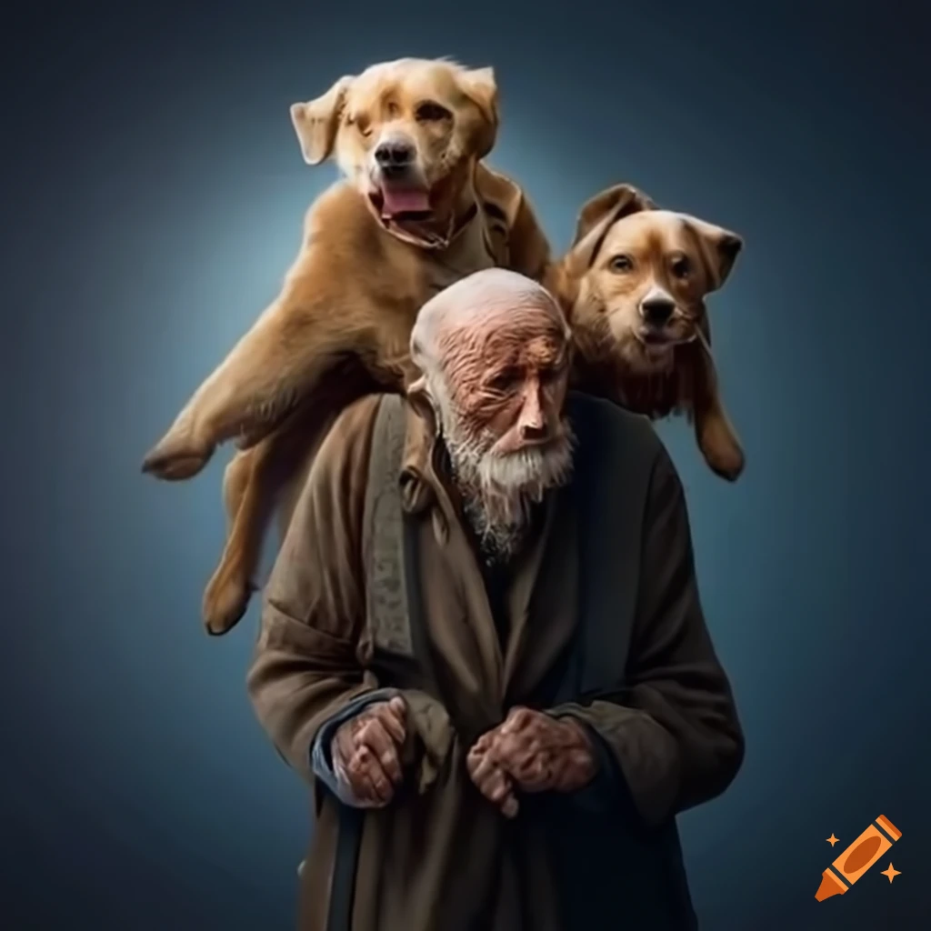 Dog with long ears helping an old man cross the road with bags on its ears