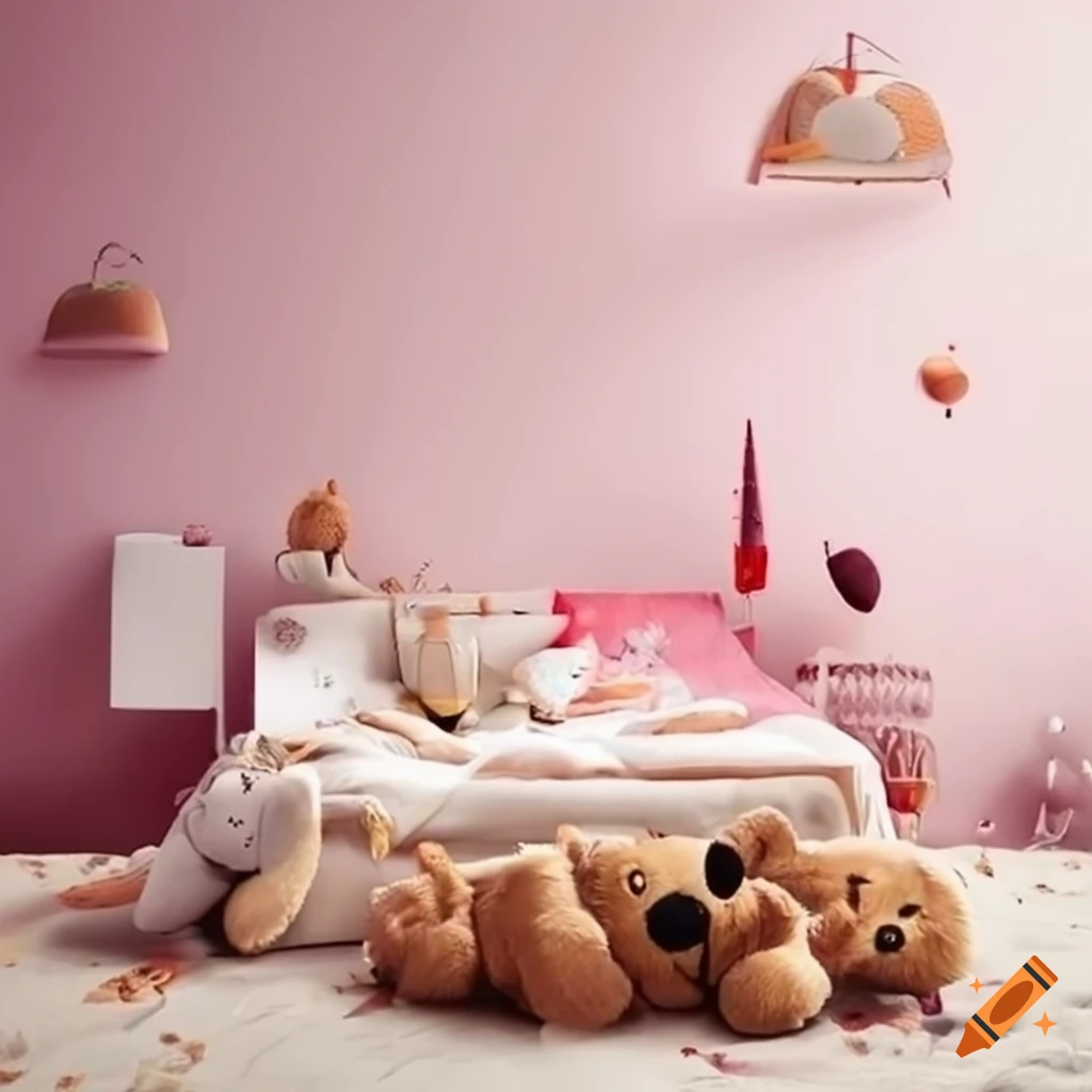 Pink-themed bedroom with cute plushies and bright light on Craiyon