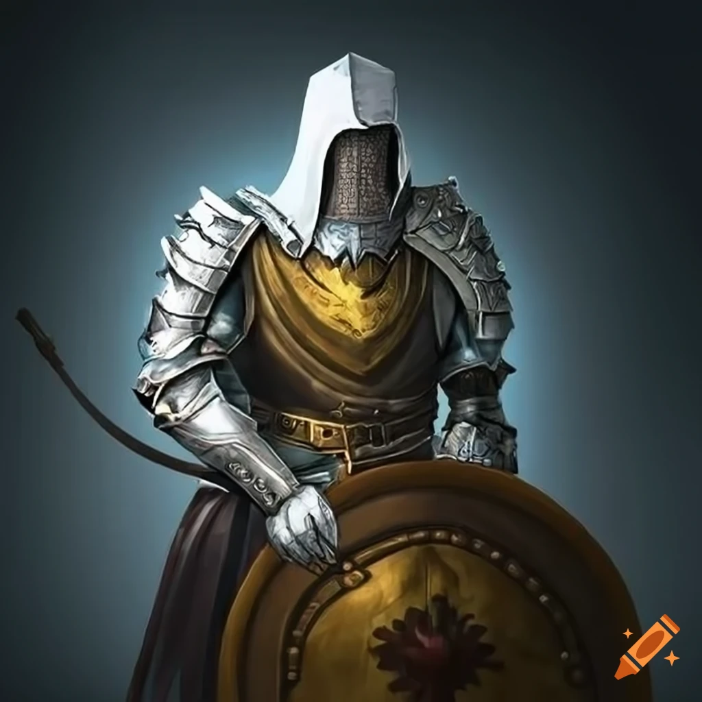 White and gold cleric with a key and a large shield on Craiyon