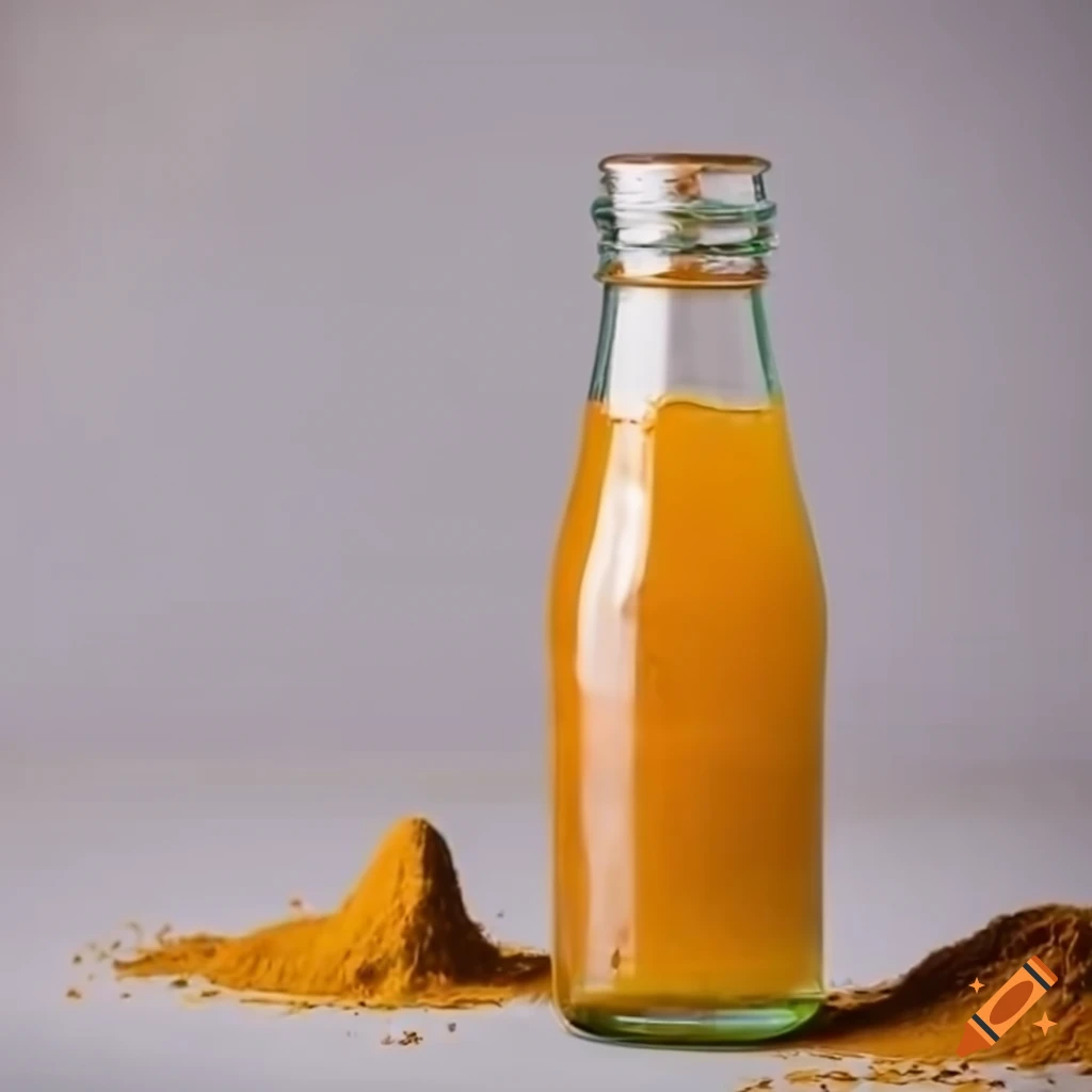 Glass bottle filled with chia seed and turmeric drink on Craiyon