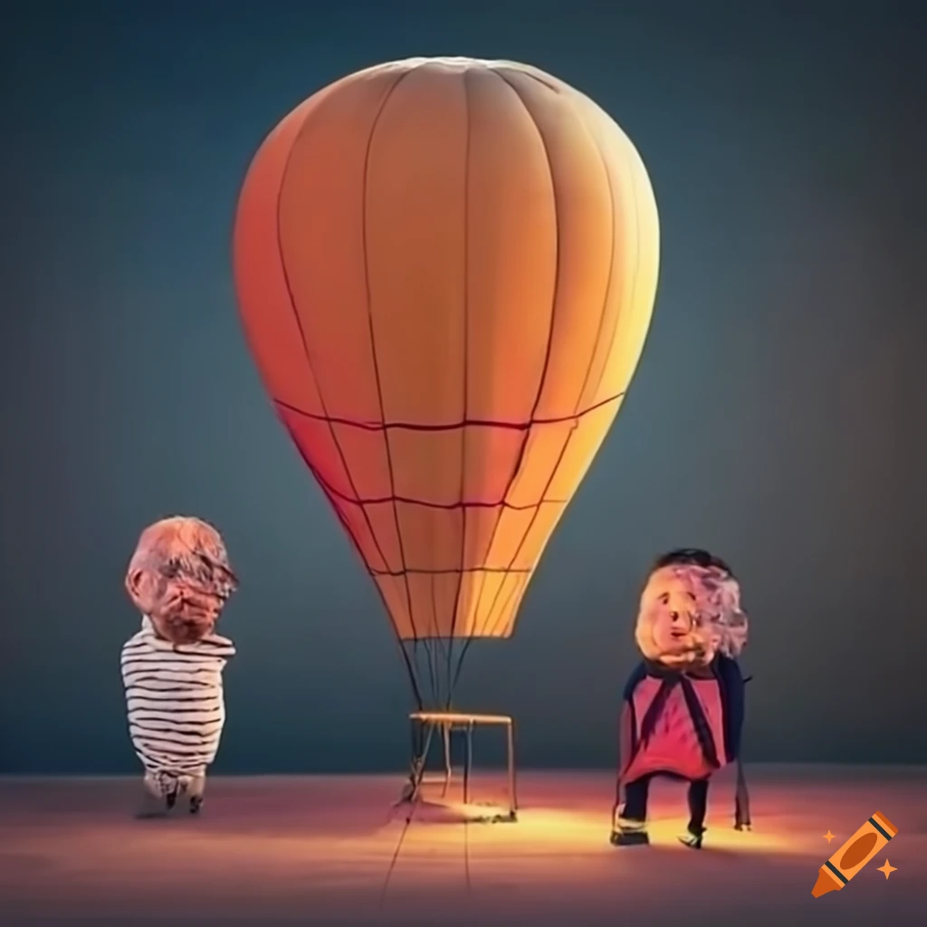 Two men standing in front of a hot air balloon