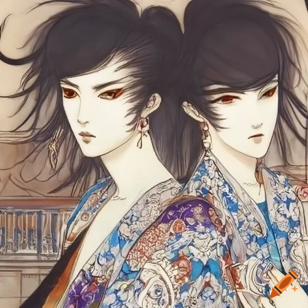 Two beautiful adult males in blue ornamental clothing in a garden