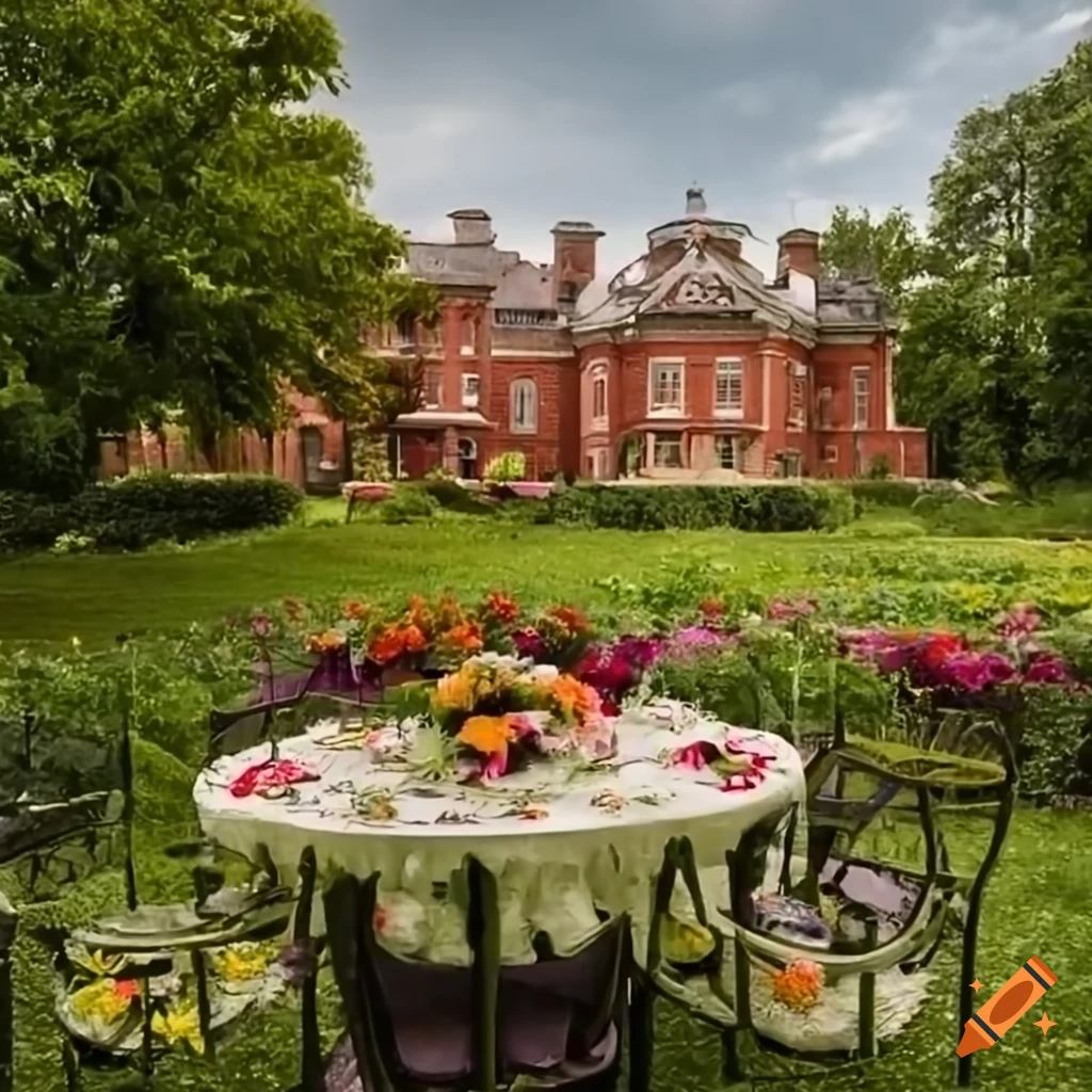 Private retreat in blooming flower beds with a tea party scene