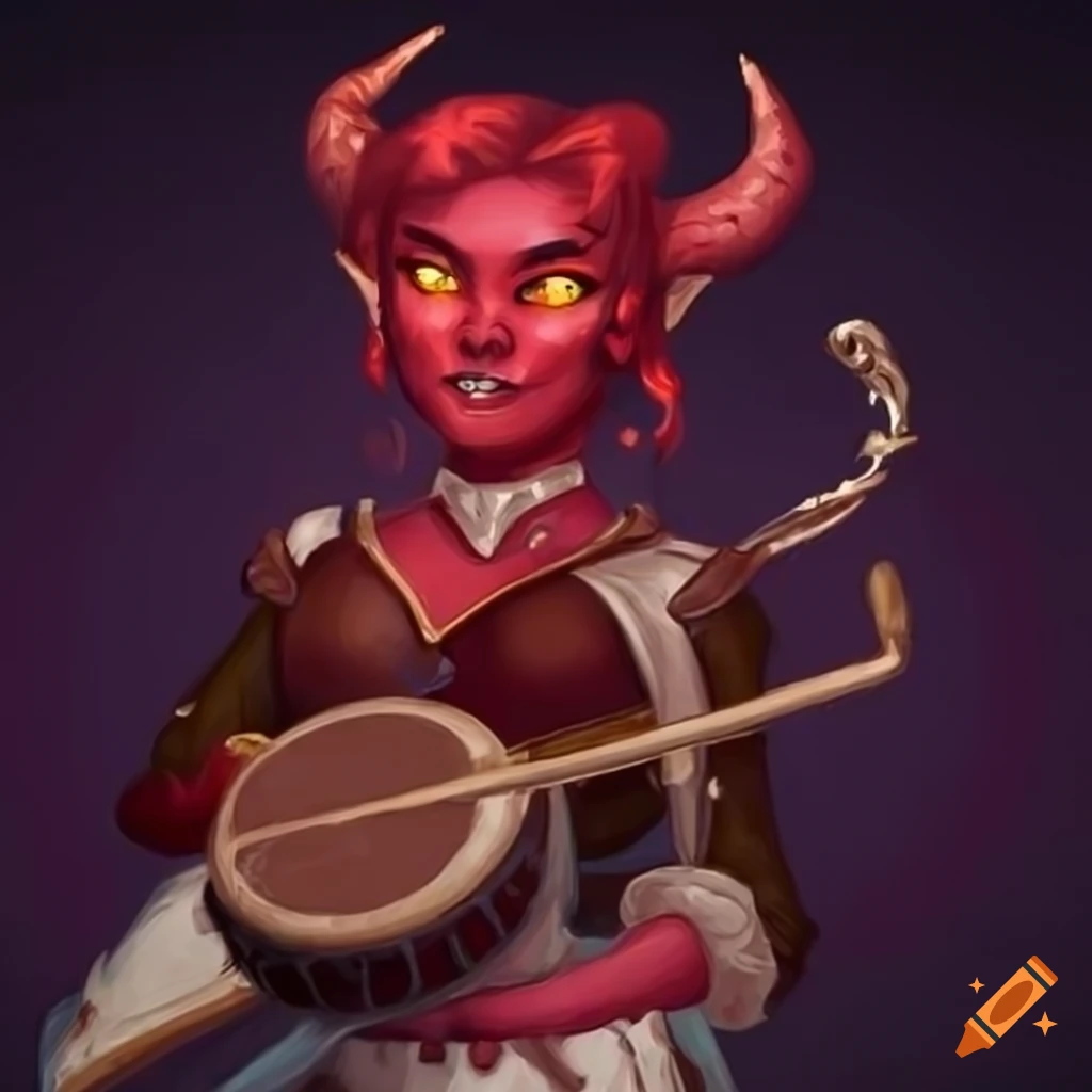 Mediumred tiefling bard with twisted horns and a hand drum on her back