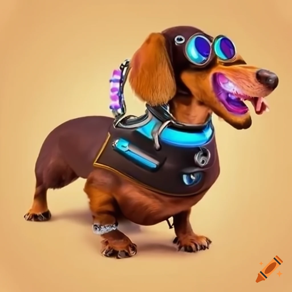 Goofy dachshund with electric shock collar on Craiyon