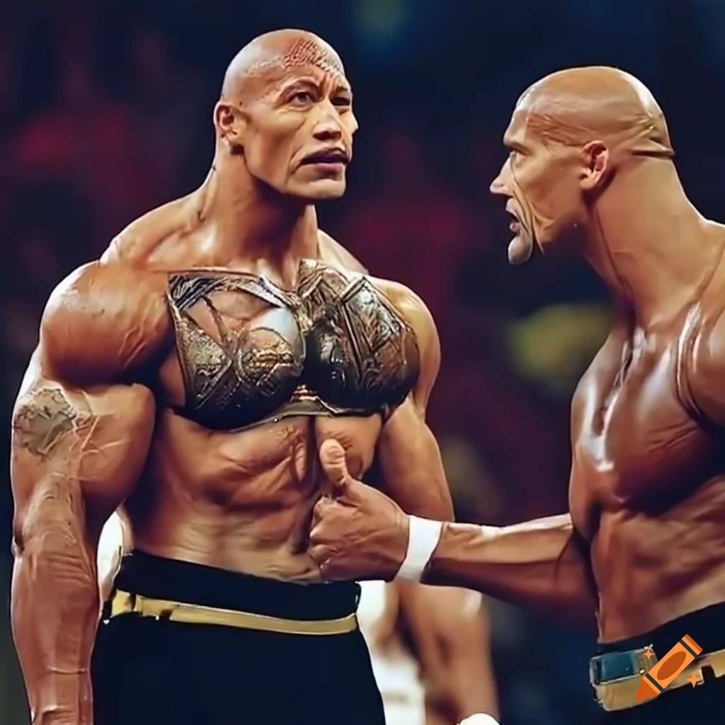Ellen degeneres and dwayne johnson in a comedic fight scene on Craiyon