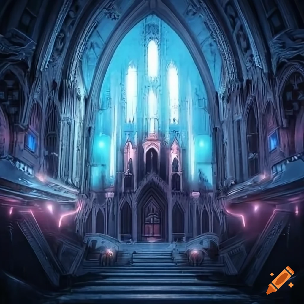 Sci-fi space alien cathedral with cross in photorealistic 4k
