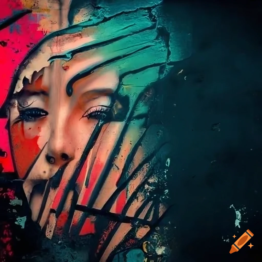 Closeup of graffiti and grunge wall with unique posters and vogue